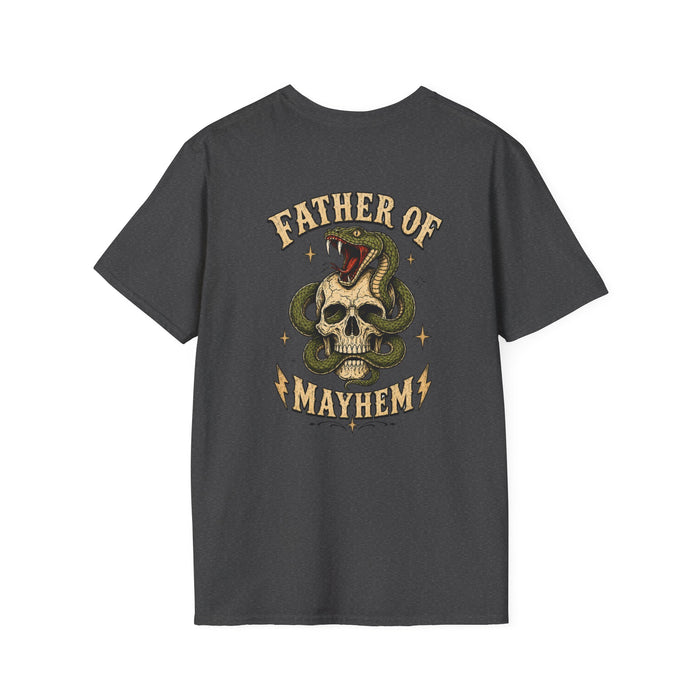 military green t-shirt with farthor of mayhem funny father print