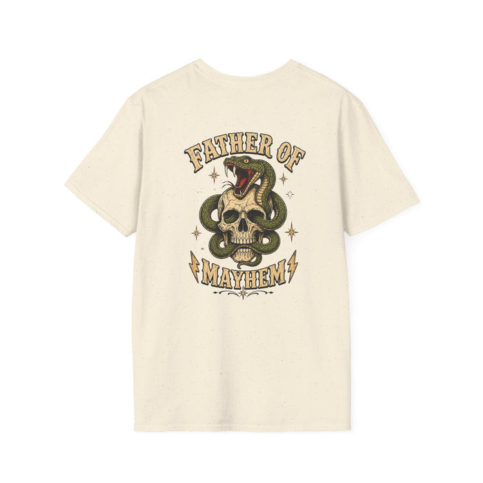 dark heather t-shirt with farthor of mayhem dad chaos graphic