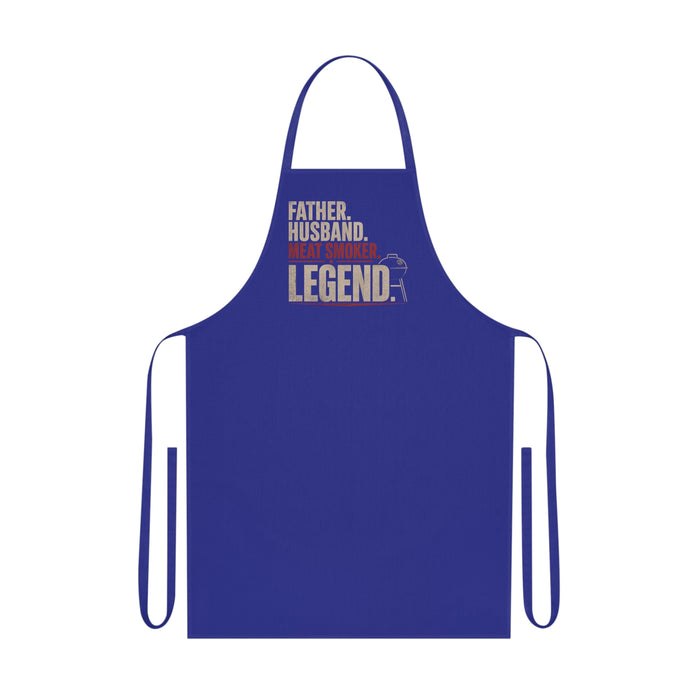 royal blue apron with meat smoker legend design for outdoor cooking