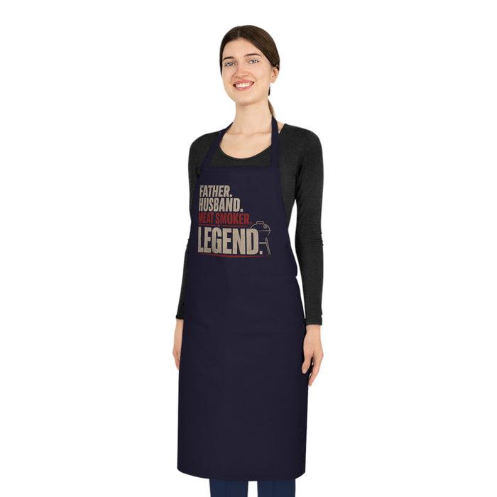 navy apron showing meat smoker legend design for Father's Day gift