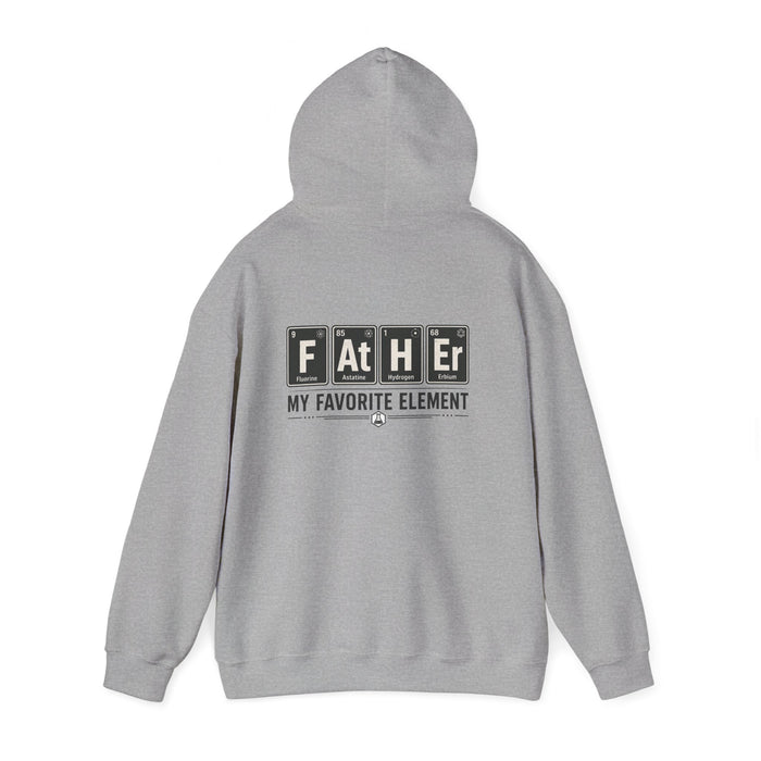 white hoodie with father my favorite element funny science dad graphic