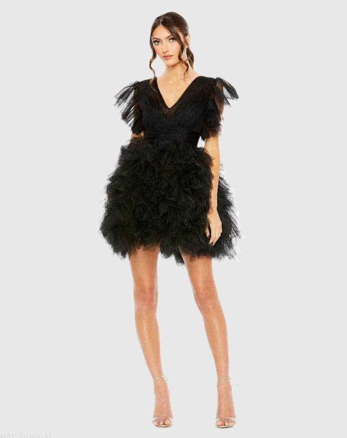 Black Flutter Ruffle Sleeve Tiered Dress - Mac Duggal