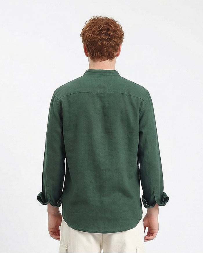 Forest Green Mandarin Collar Linen-Blend Shirt