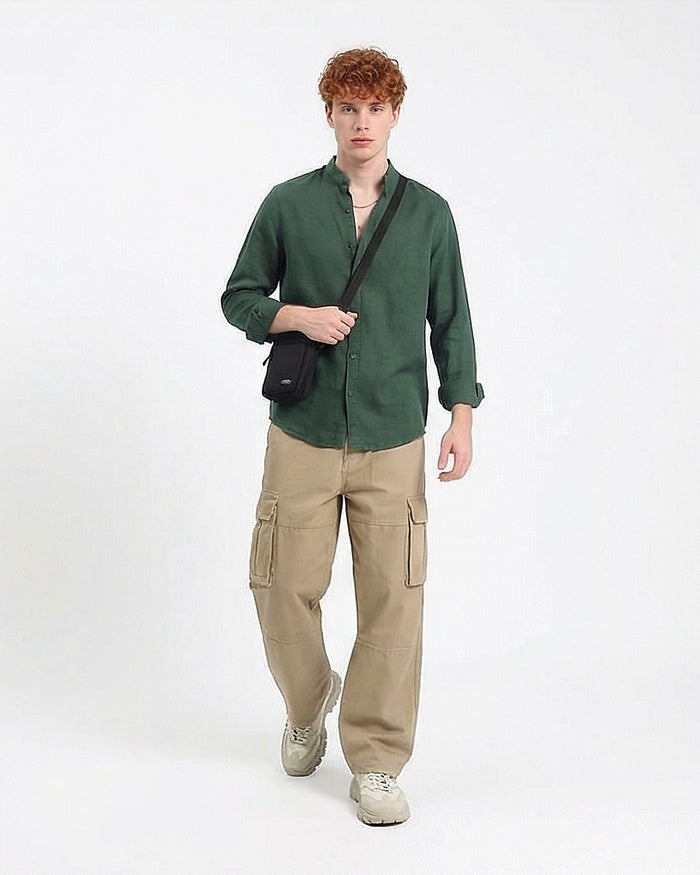 Forest Green Mandarin Collar Linen-Blend Shirt