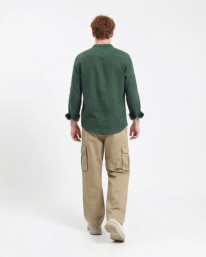 Forest Green Mandarin Collar Linen-Blend Shirt