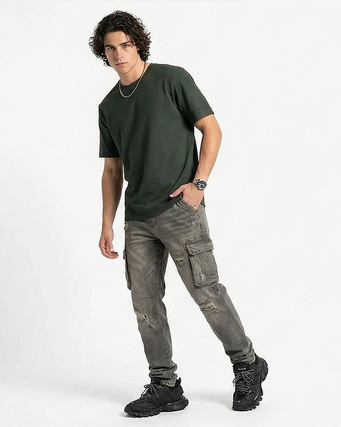 Forest Green Textured Crew Neck Tee - R216805