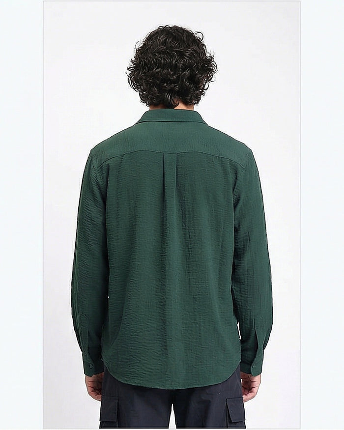 Forest Green Textured Relaxed Fit Long Sleeve Shirt - R217175