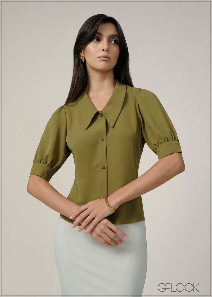 Front Collared Puff Sleeved Top - 240726