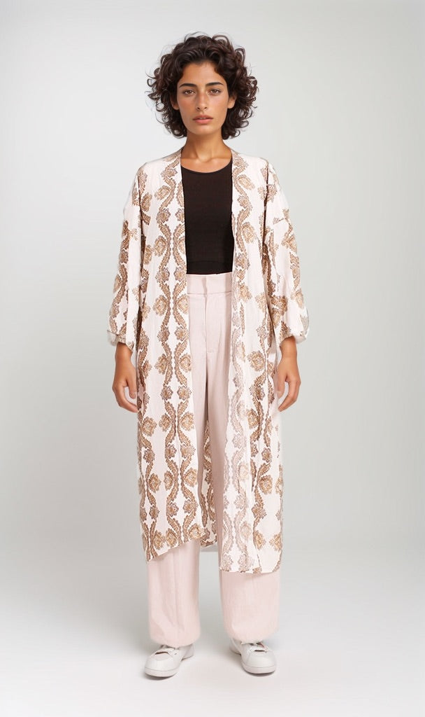 Geometric Print Open Front Long Cardigan - Beige & Brown