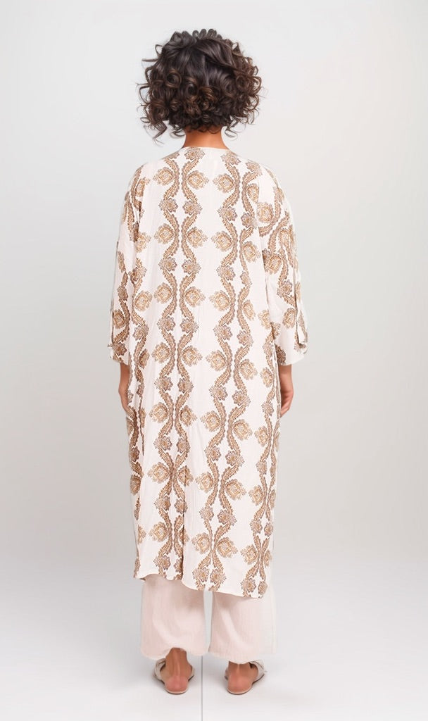 Geometric Print Open Front Long Cardigan - Beige & Brown