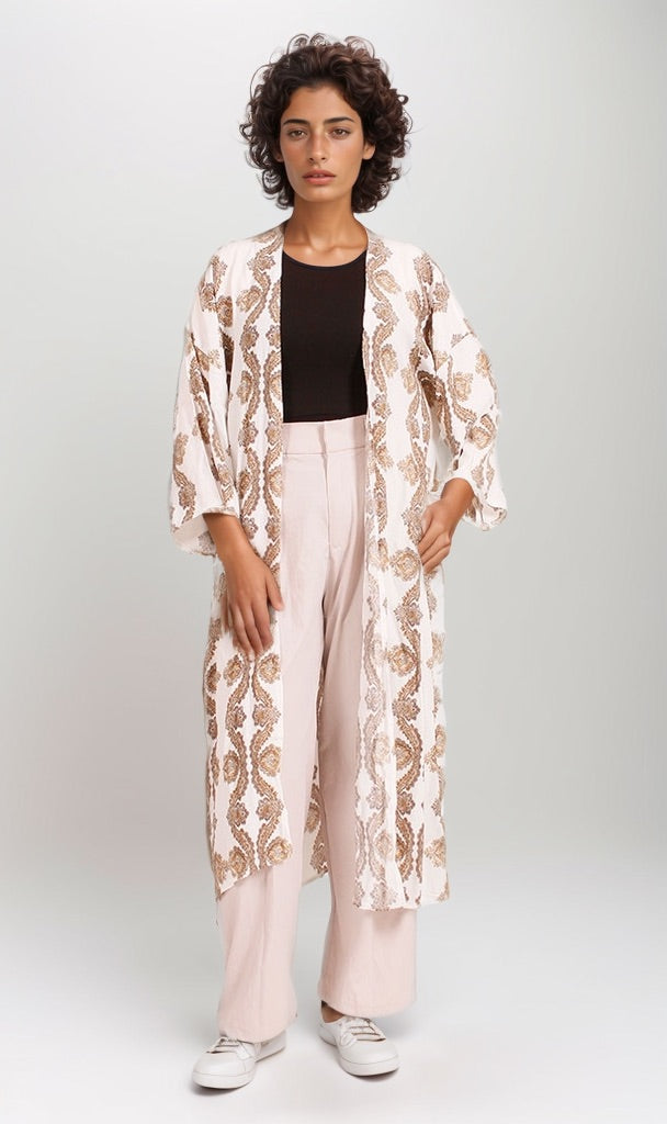 Geometric Print Open Front Long Cardigan - Beige & Brown