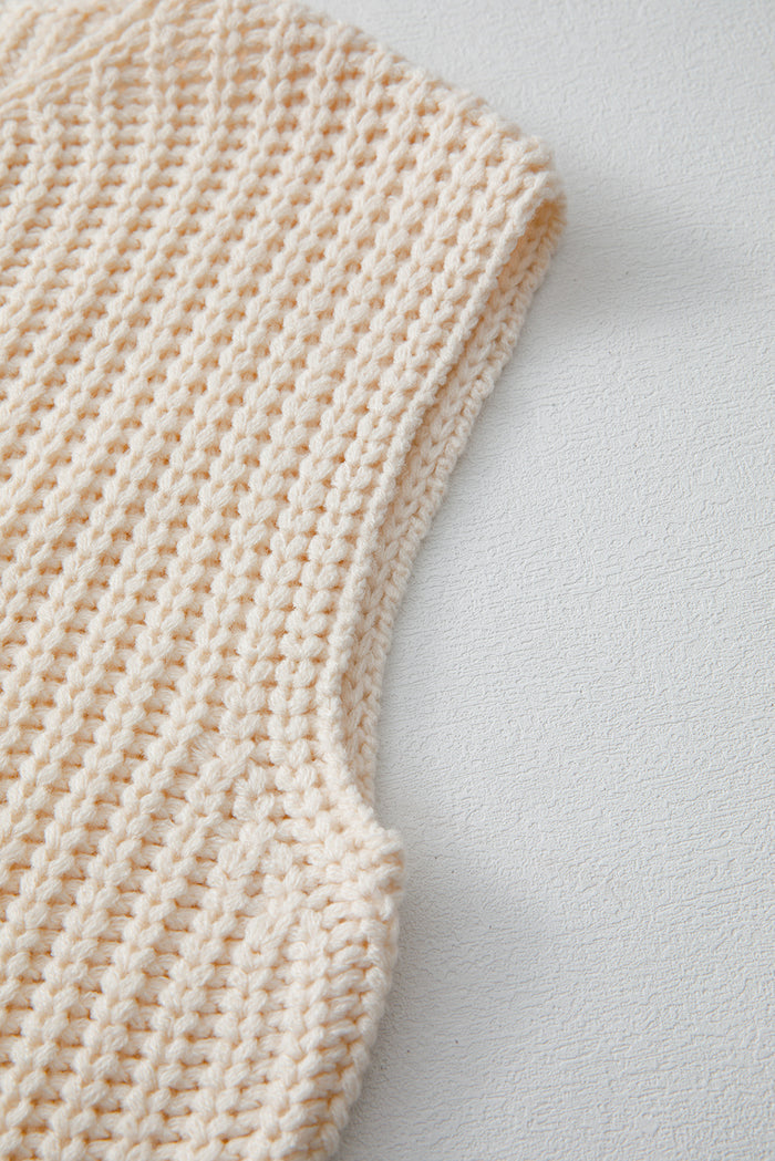 Gilet pull boutonné blanc en tricot texturé uni avec poches latérales