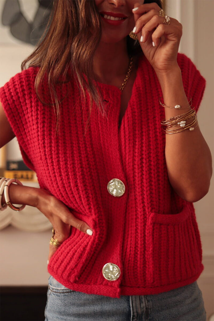 Gilet pull boutonné en tricot texturé uni rouge *