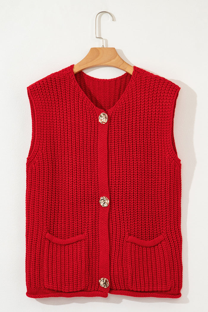 Gilet pull boutonné en tricot texturé uni rouge *