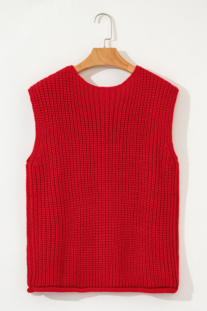 Gilet pull boutonné en tricot texturé uni rouge *
