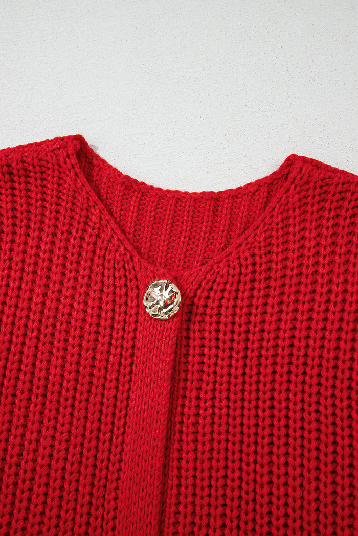 Gilet pull boutonné en tricot texturé uni rouge *