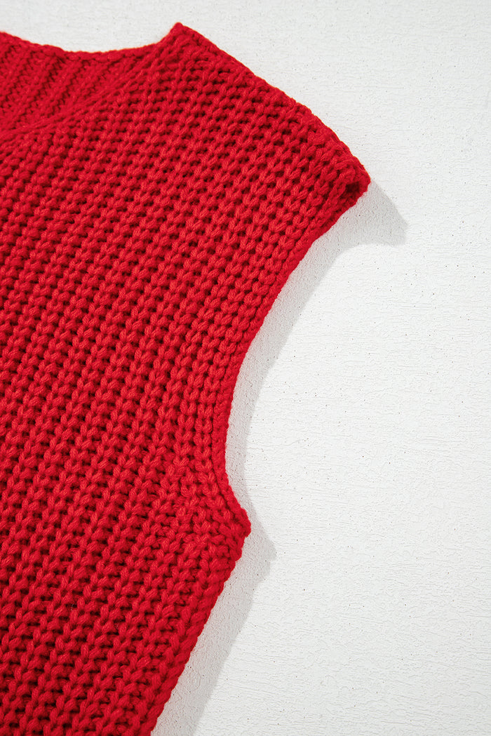 Gilet pull boutonné en tricot texturé uni rouge *