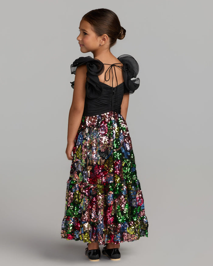 Girls Black Ruffle Sleeve Sequin Dress Mac Duggal