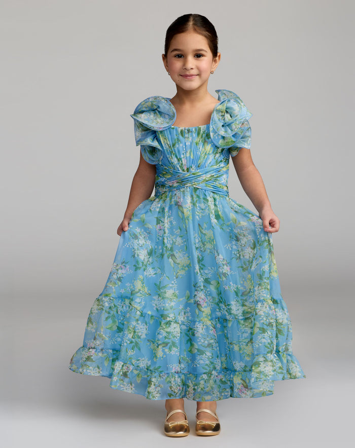 Girls Blue Floral Chiffon Ruffle Shoulder Dress - Mac Duggal