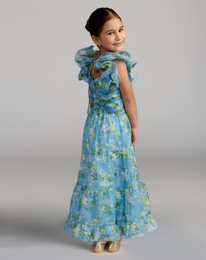 Girls Blue Floral Chiffon Ruffle Shoulder Dress - Mac Duggal