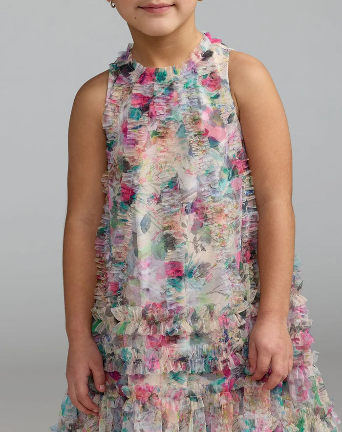 Girls Multicolor Floral Printed Ruffle Mini Dress - Mac Duggal