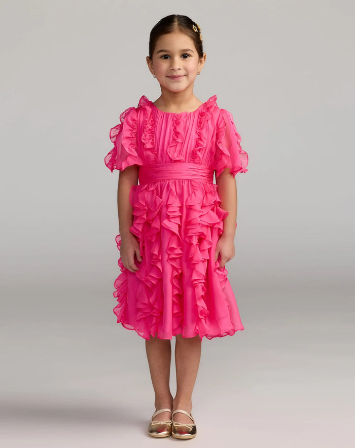 Girls Pink Chiffon High Neck Ruffle Dress - Mac Duggal