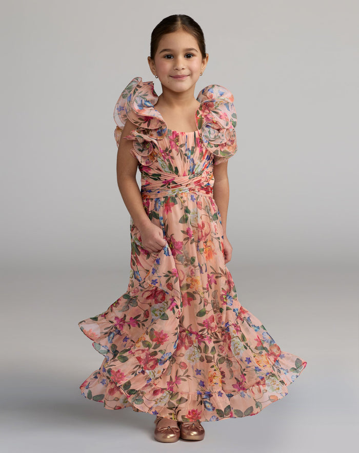 Girls Pink Floral Chiffon Ruffle Shoulder Dress - Mac Duggal