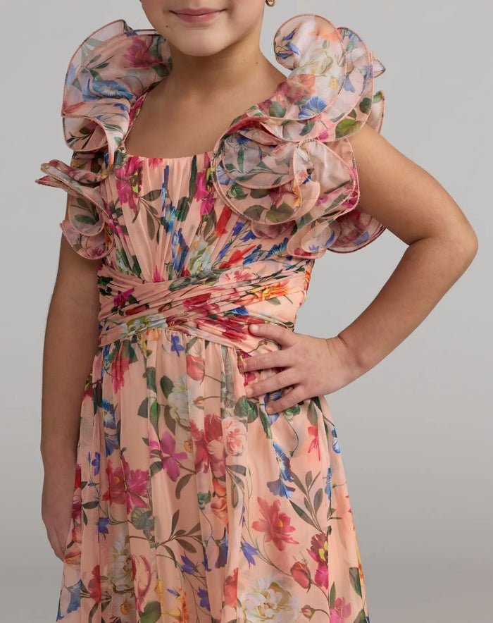Girls Pink Floral Chiffon Ruffle Shoulder Dress - Mac Duggal