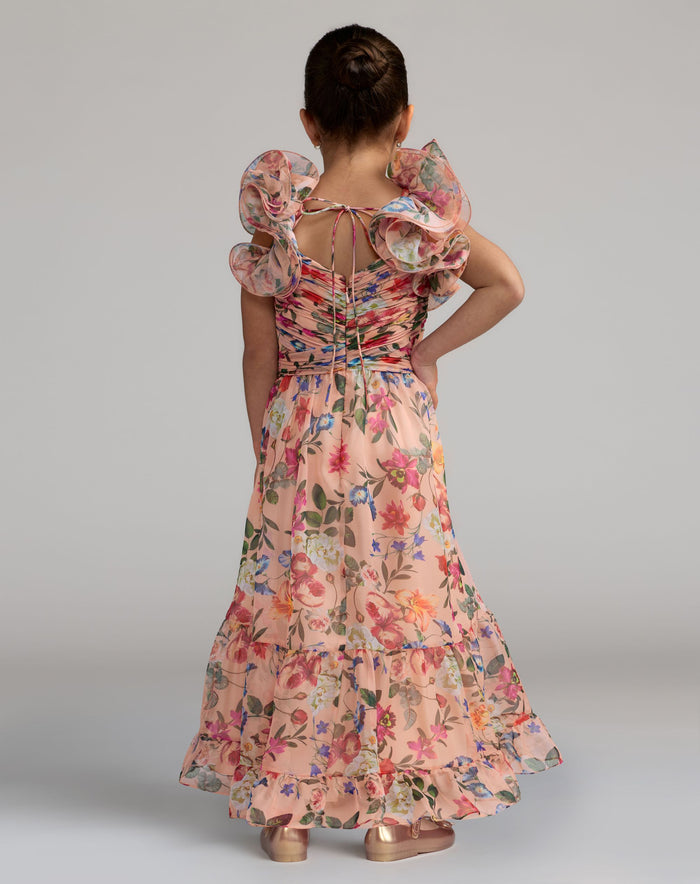 Girls Pink Floral Chiffon Ruffle Shoulder Dress - Mac Duggal