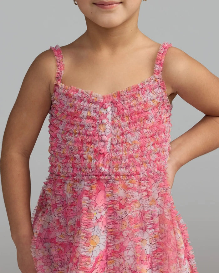 Girls Pink Floral Print Ruffle Mini Dress Mac Duggal
