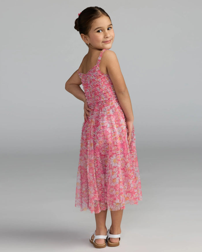 Girls Pink Floral Print Ruffle Mini Dress Mac Duggal