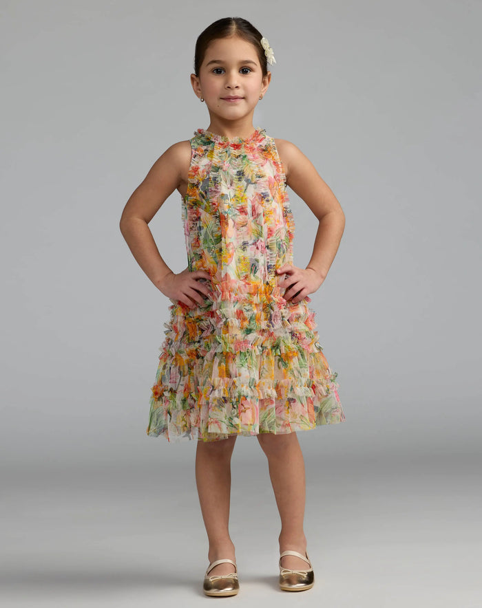 Girls Yellow Mesh Floral Print A-Line Dress Mac Duggal