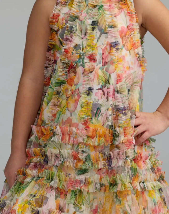 Girls Yellow Floral Print A-Line Dress - Mac Duggal