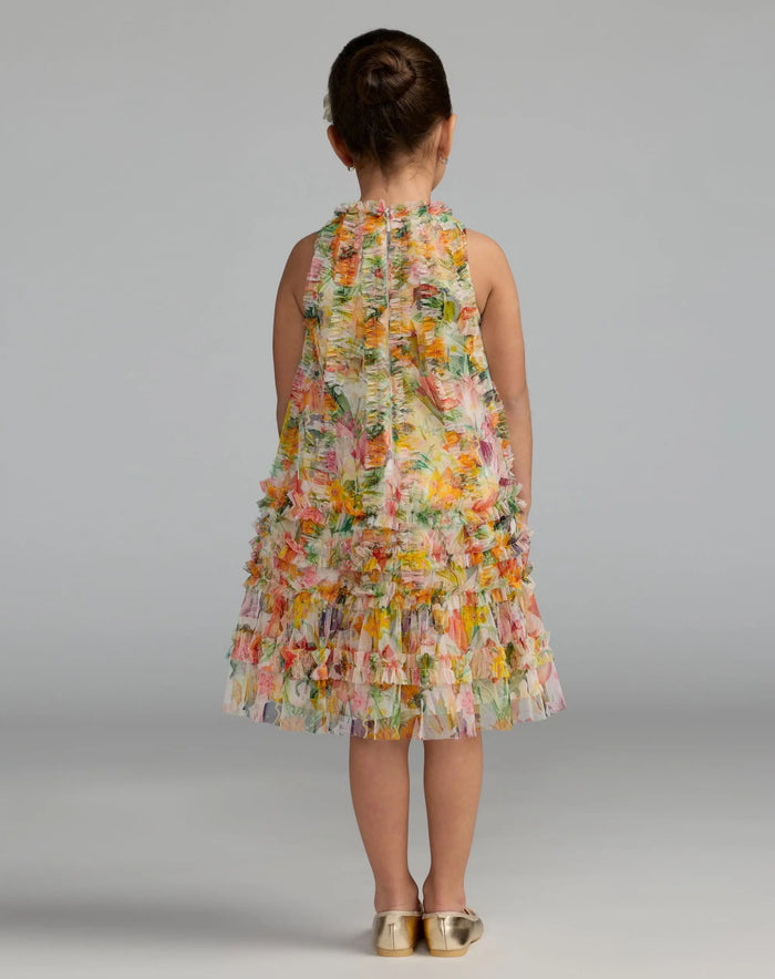 Girls Yellow Floral Print A-Line Dress - Mac Duggal