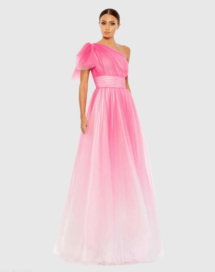 Pink Glitter Ombre Ruffled One Shoulder Ballgown