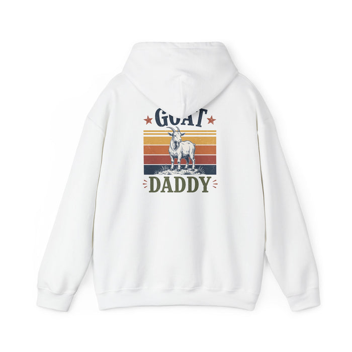 white hoodie with GOAT daddy slogan design funny fathers day gift