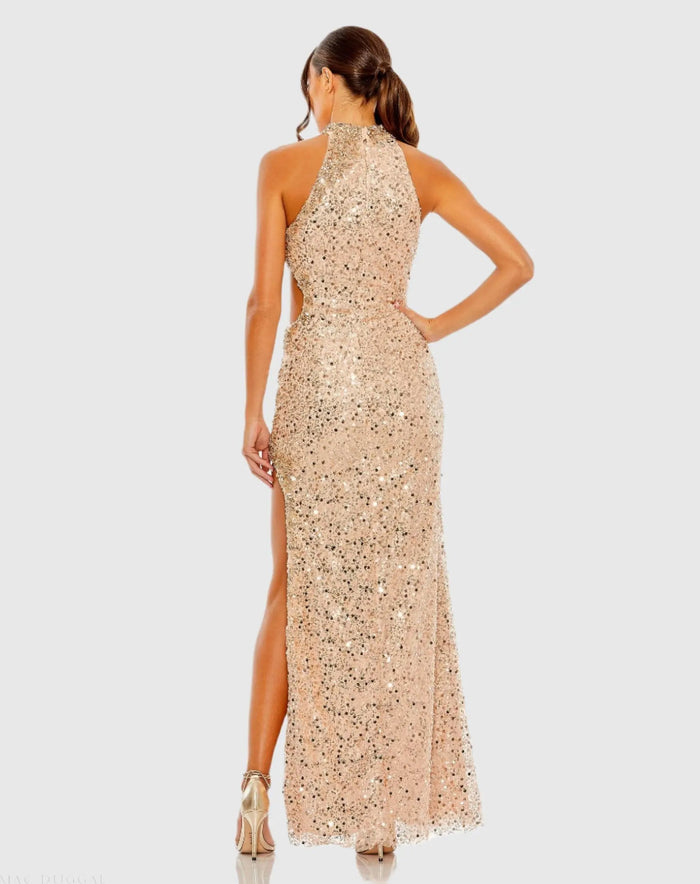 Gold Side Cut Out High Neck Sequin Gown - Mac Duggal