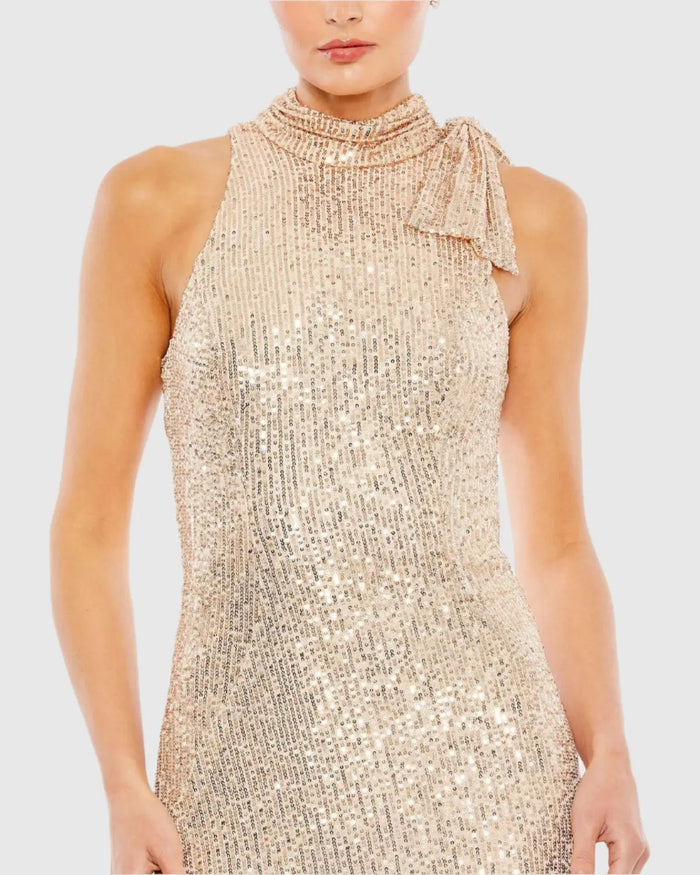 Gold Soft Tie Halter Neck Sequin Gown - Ieena for Mac Duggal