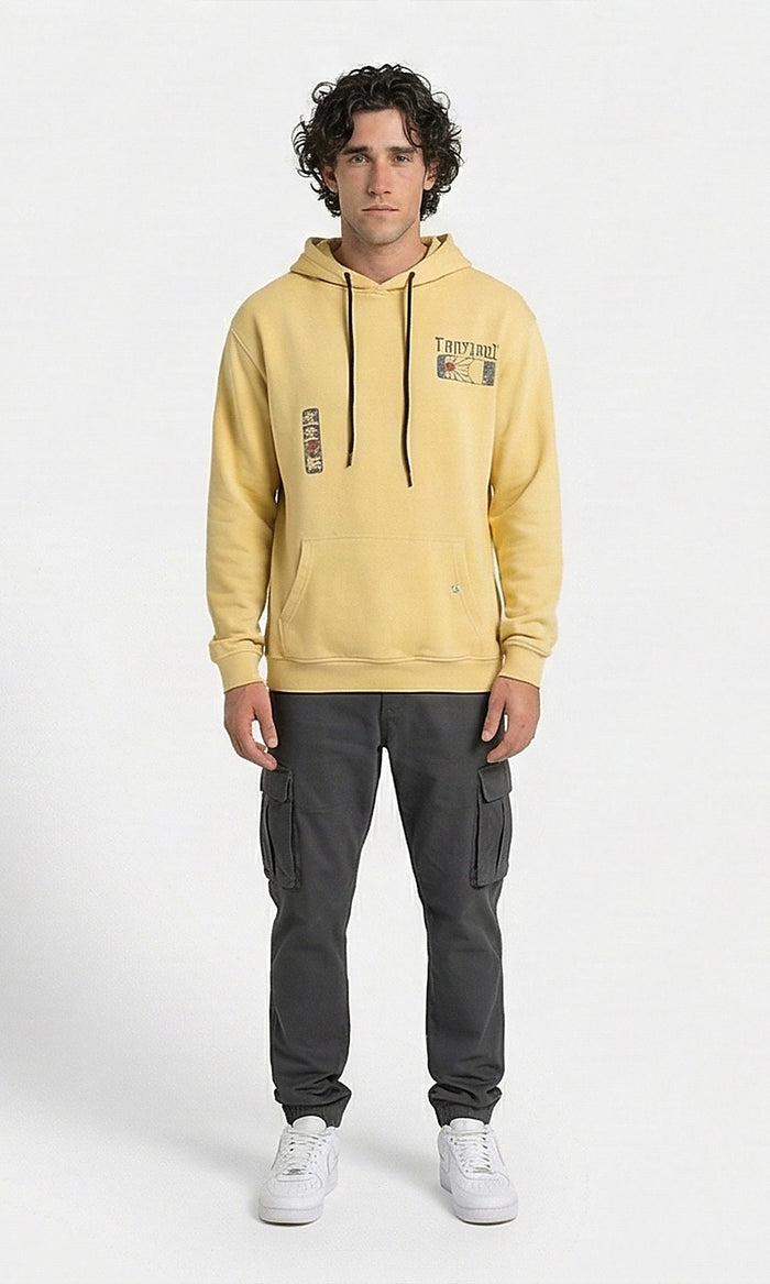 Graphic Print Tan Hoodie with Drawstring Detail