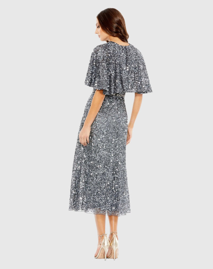Gray Embellished Cape High Neck Midi Dress - Mac Duggal