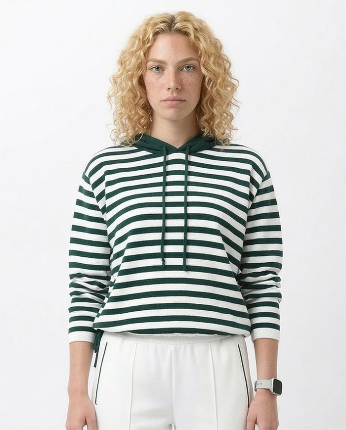 Green and White Striped Hooded Knit Pullover - O200384