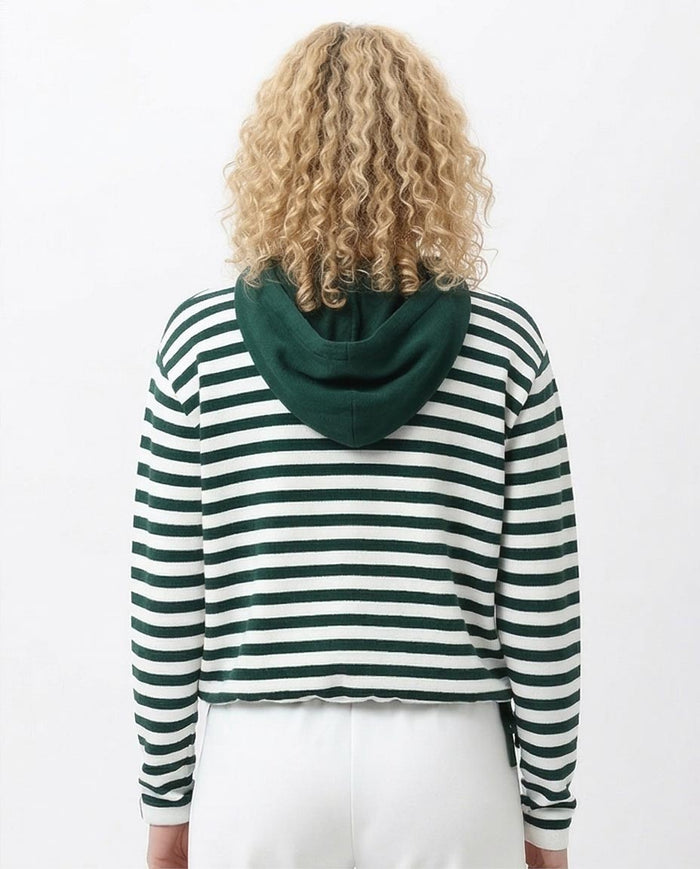Green and White Striped Hooded Knit Pullover - O200384