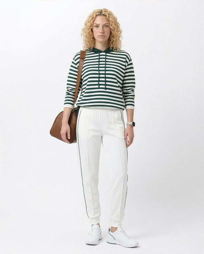 Green and White Striped Hooded Knit Pullover - O200384