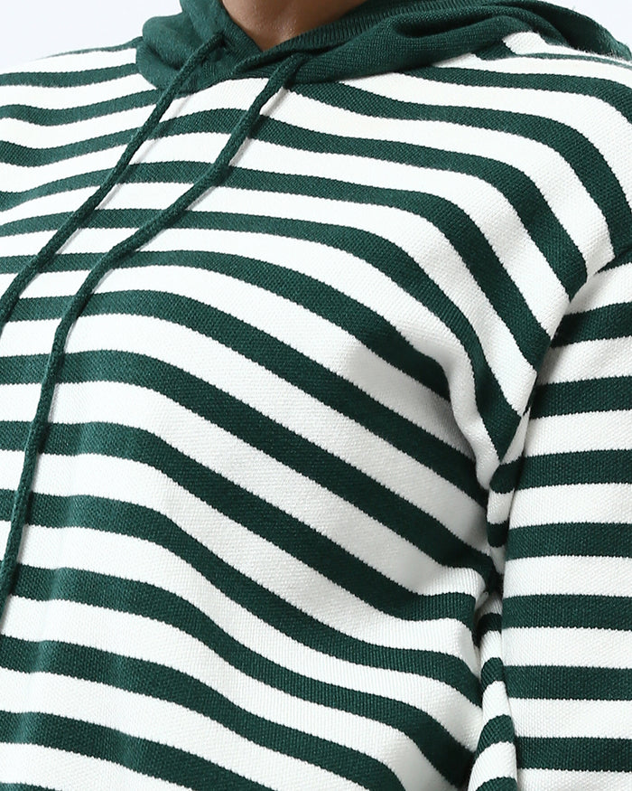 Green and White Striped Hooded Knit Pullover - O200384
