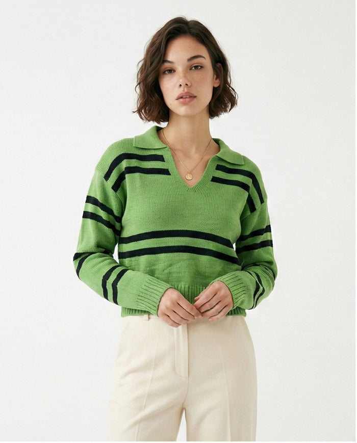 Green & Black Striped Polo Collar Knit Pullover - O201334
