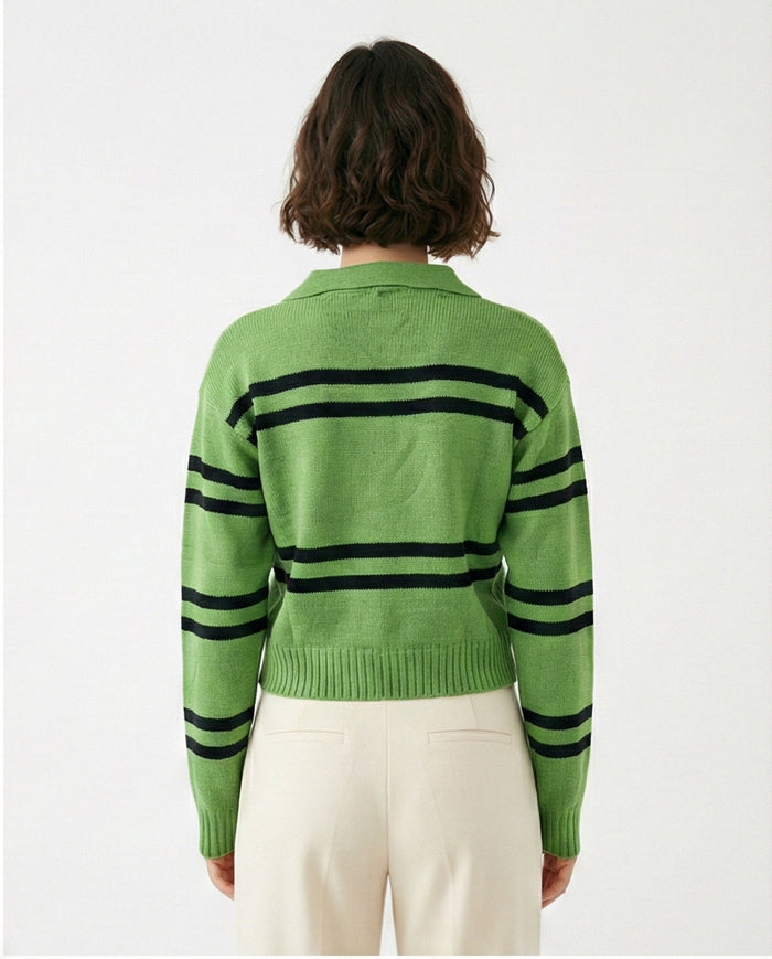 Green & Black Striped Polo Collar Knit Pullover - O201334