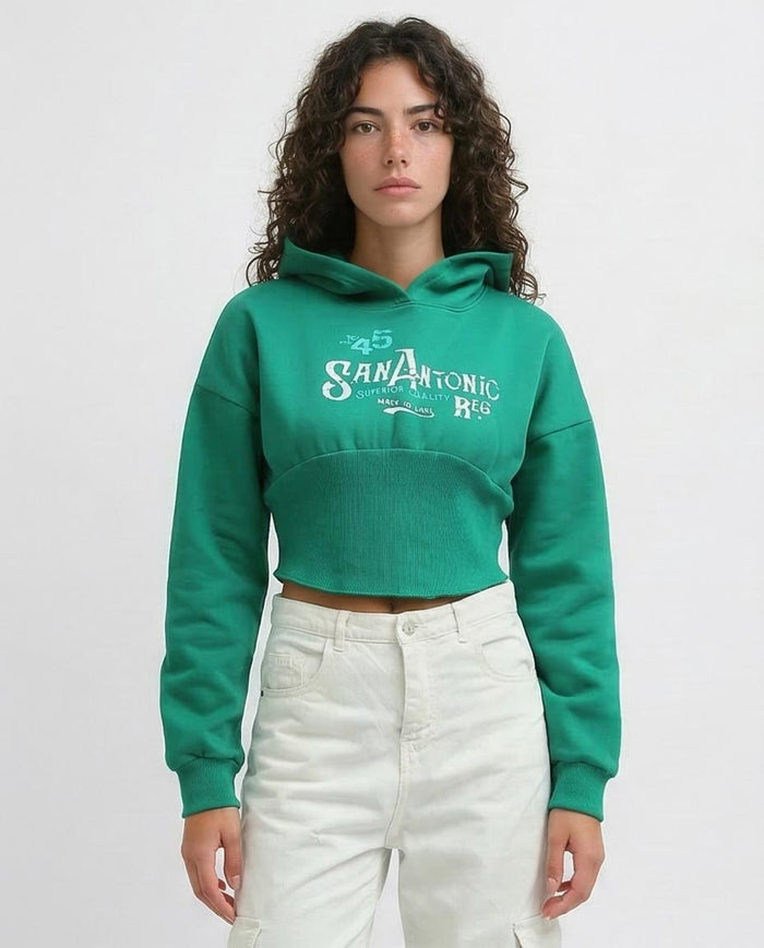 Green Graphic Cropped Wide-Rib Hoodie - 0199392