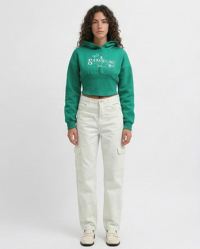 Green Graphic Cropped Wide-Rib Hoodie - 0199392