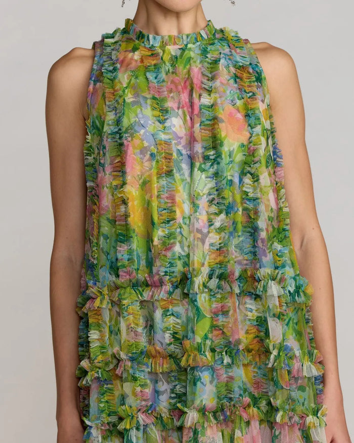 Green Printed Sleeveless High Neck Ruffle Mini Dress Mac Duggal