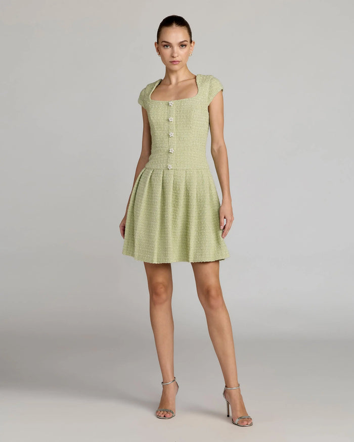 Green Tweed Cap Sleeve Pleated Mini Dress ieena for Mac Duggal